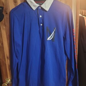Nautica Royal Blue Long-Sleeve Polo with White Contrast Collar